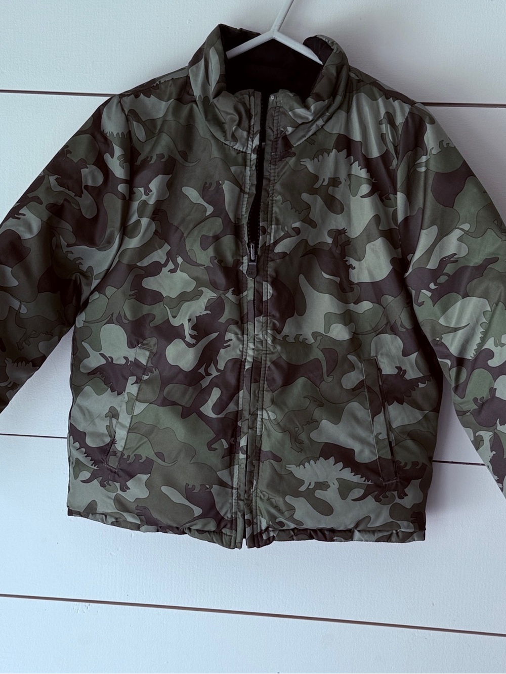 GAP Kids Dino Camo Puffer Reversible Jacket - Green Sz 5